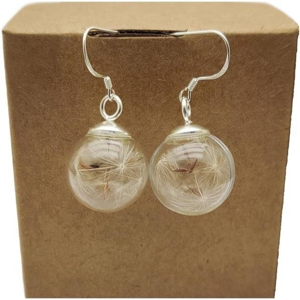 Dandelion Make a Wish Glass Ball 925 Sterling Silver Dangle Earrings